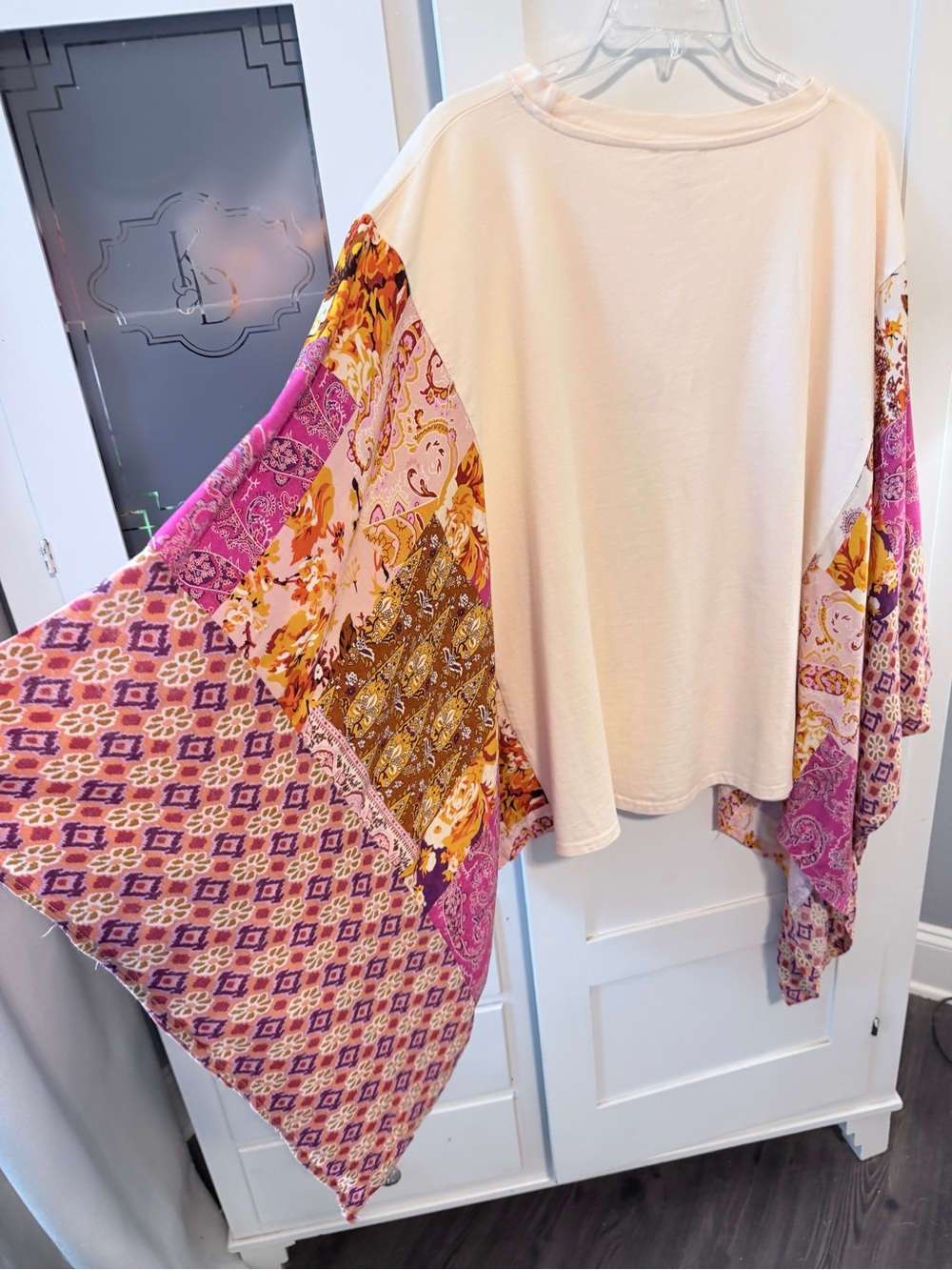 Bohemian Patchwork Cowboy Pullover t-shirt with butterfly wings . Cream & Pink - Picture 6 of 9